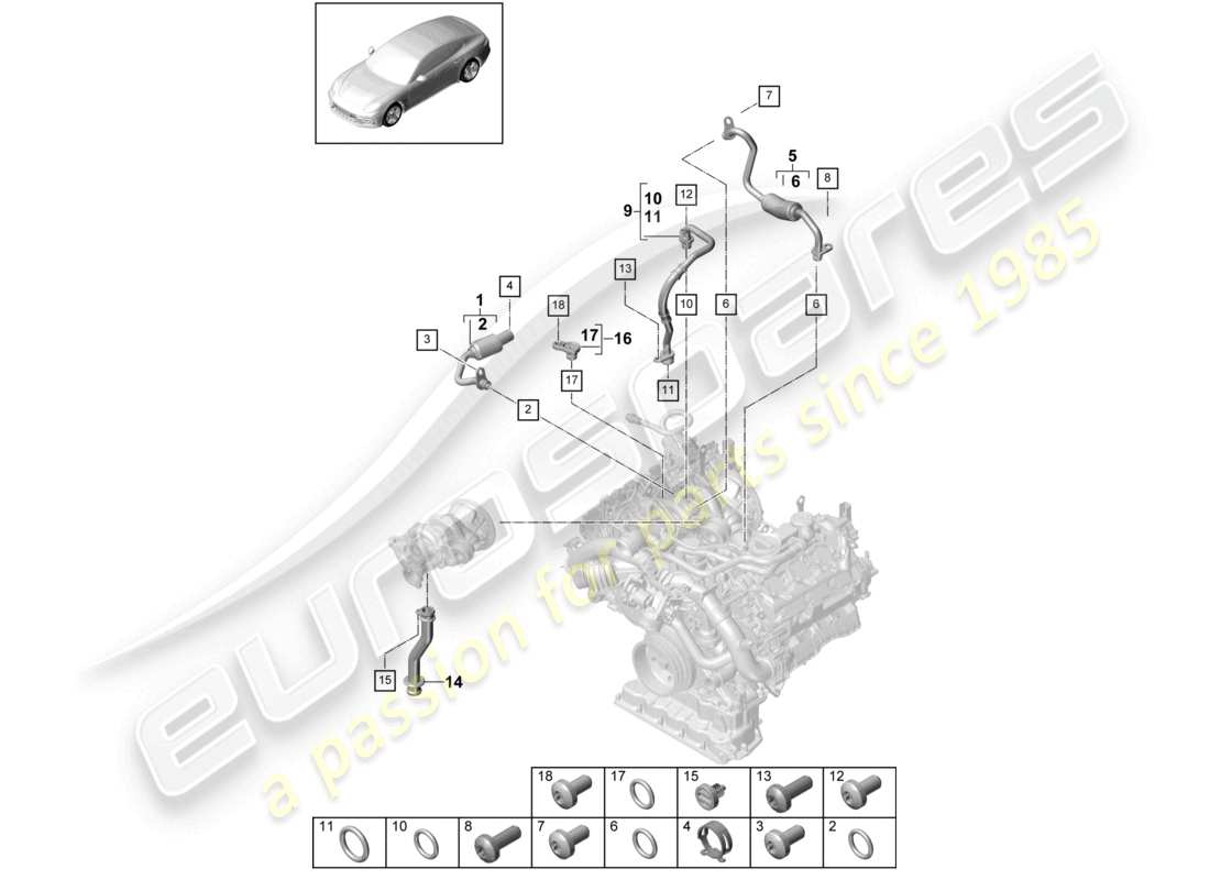 porsche 2021 (panamera 971-1) système de refroidissement du liquide de refroidissement pour turbocompresseur conduite de pression d'huile pour turbocompresseur à gaz d'échappement schéma des pièces