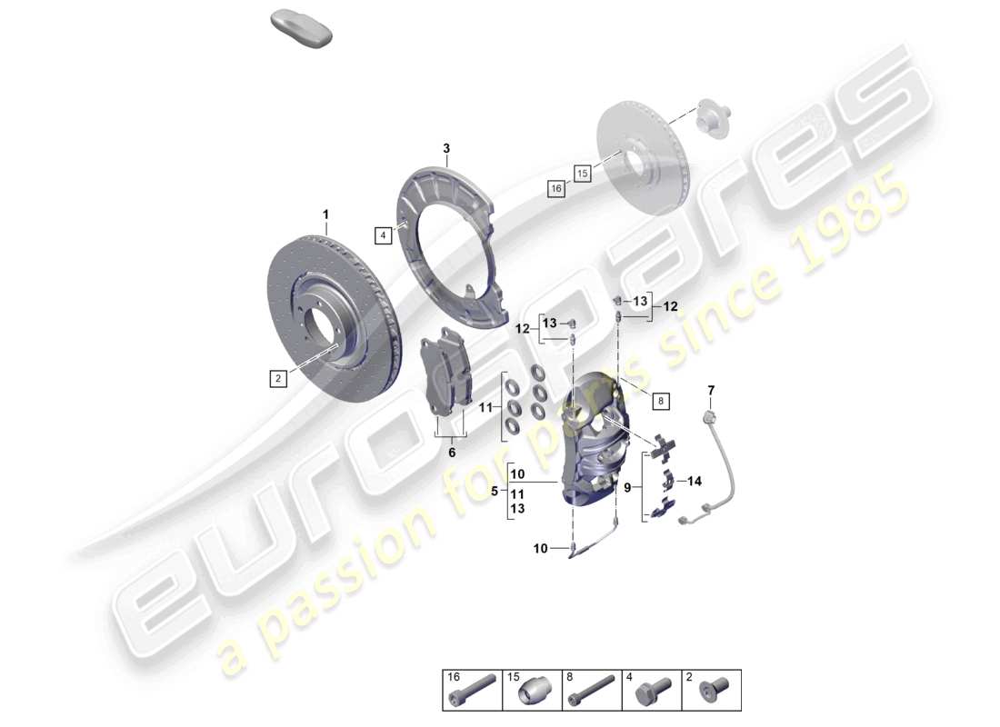 porsche 2024 (992-2) schéma des pièces de l'essieu avant du frein à disque gts