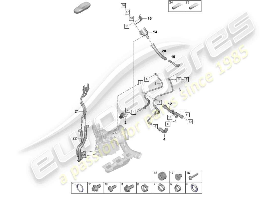 porsche 2025 (992-2) schéma des pièces du tuyau de liquide de refroidissement du turbocompresseur à gaz d'échappement