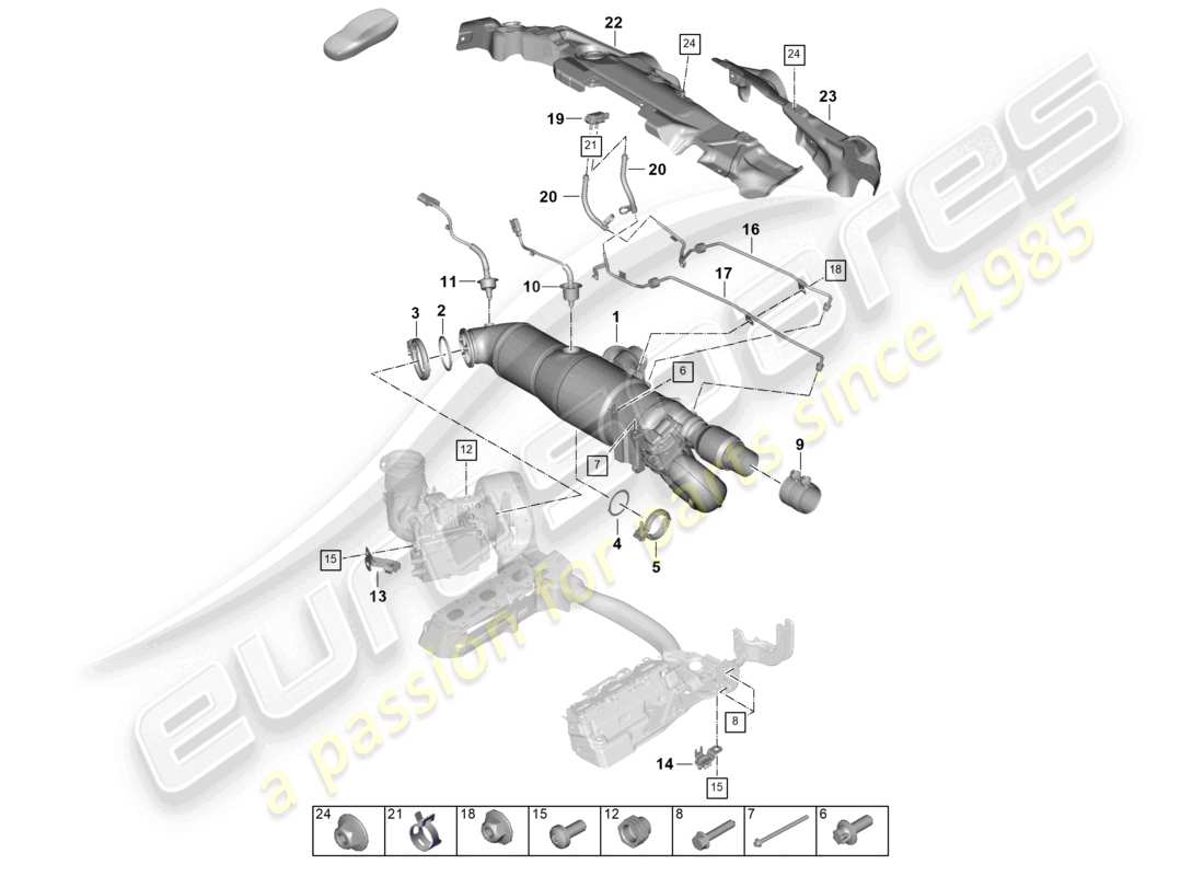 porsche 2024 (992-2) convertisseur catalytique filtre à particules essence fixations et capteurs schéma des pièces