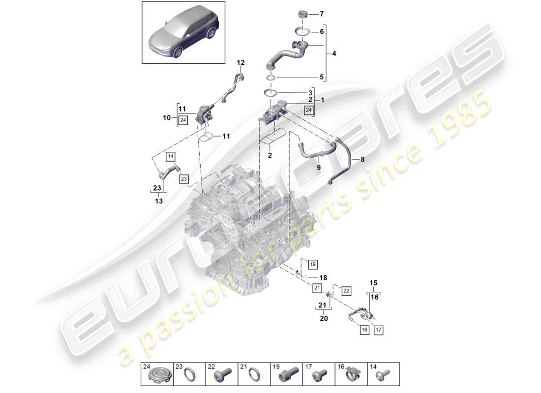 porsche 2021 (cayenne e3 9ya/9yb) ventilation du séparateur d'huile du bloc-cylindres schéma des pièces