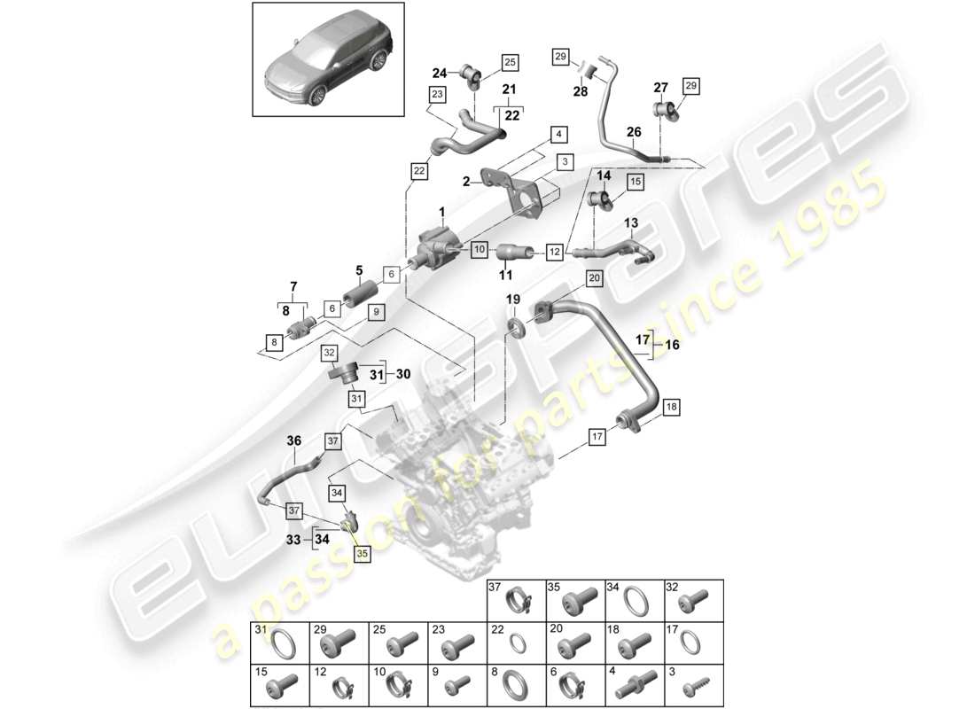 porsche 2021 (cayenne e3 9ya/9yb) système de refroidissement du liquide de refroidissement schéma des pièces