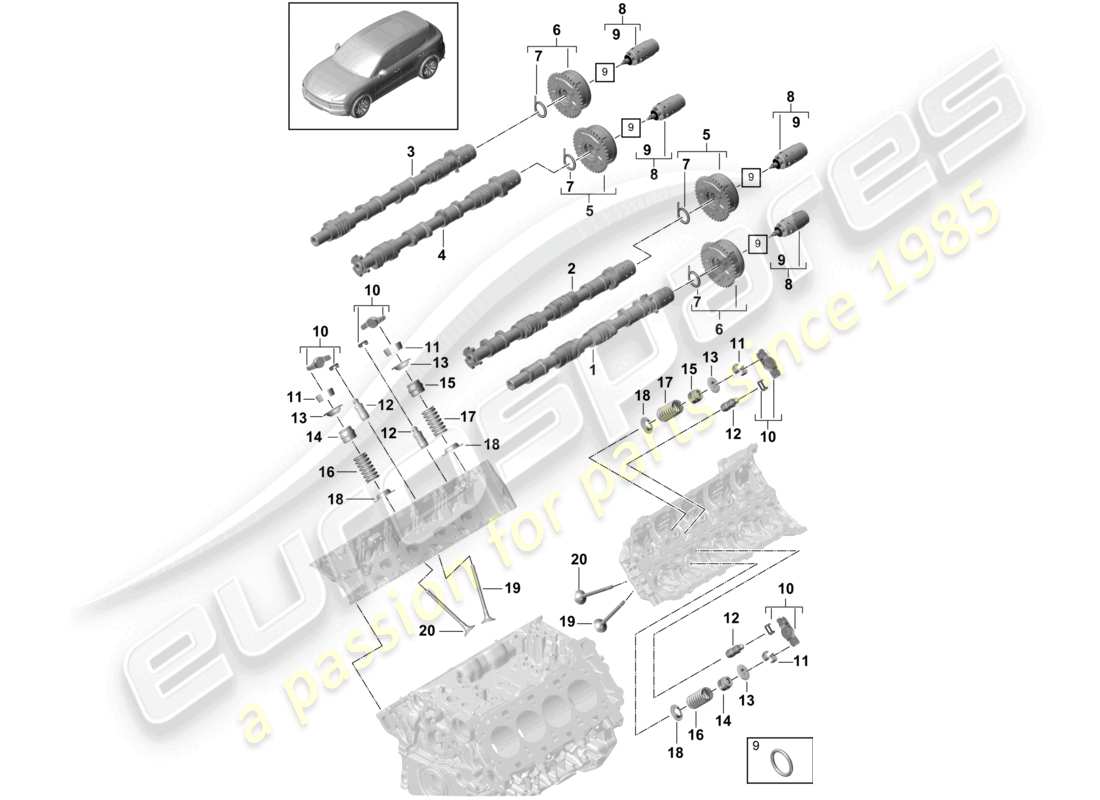 porsche 2021 (cayenne e3 9ya/9yb) arbre à cames, soupapes unité de réglage d'arbre à cames schéma des pièces