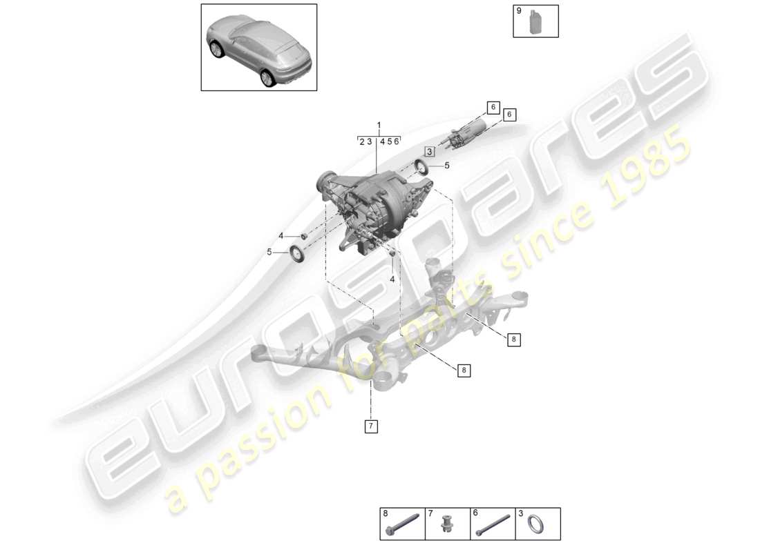 porsche 2023 (macan) schéma des pièces du différentiel d'essieu arrière pour les modèles avec différentiel à glissement limité