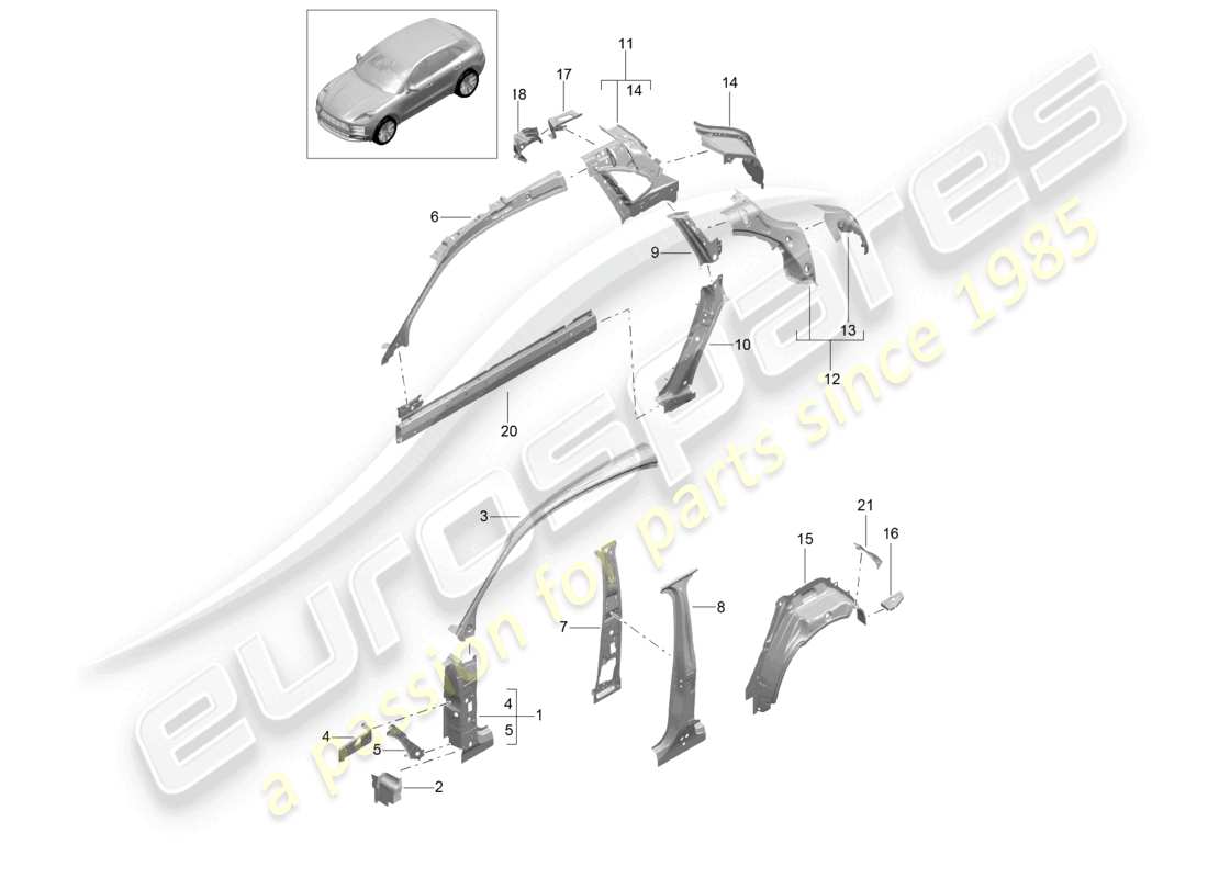 porsche 2021 (macan) diagramme de la partie intérieure de la partie latérale