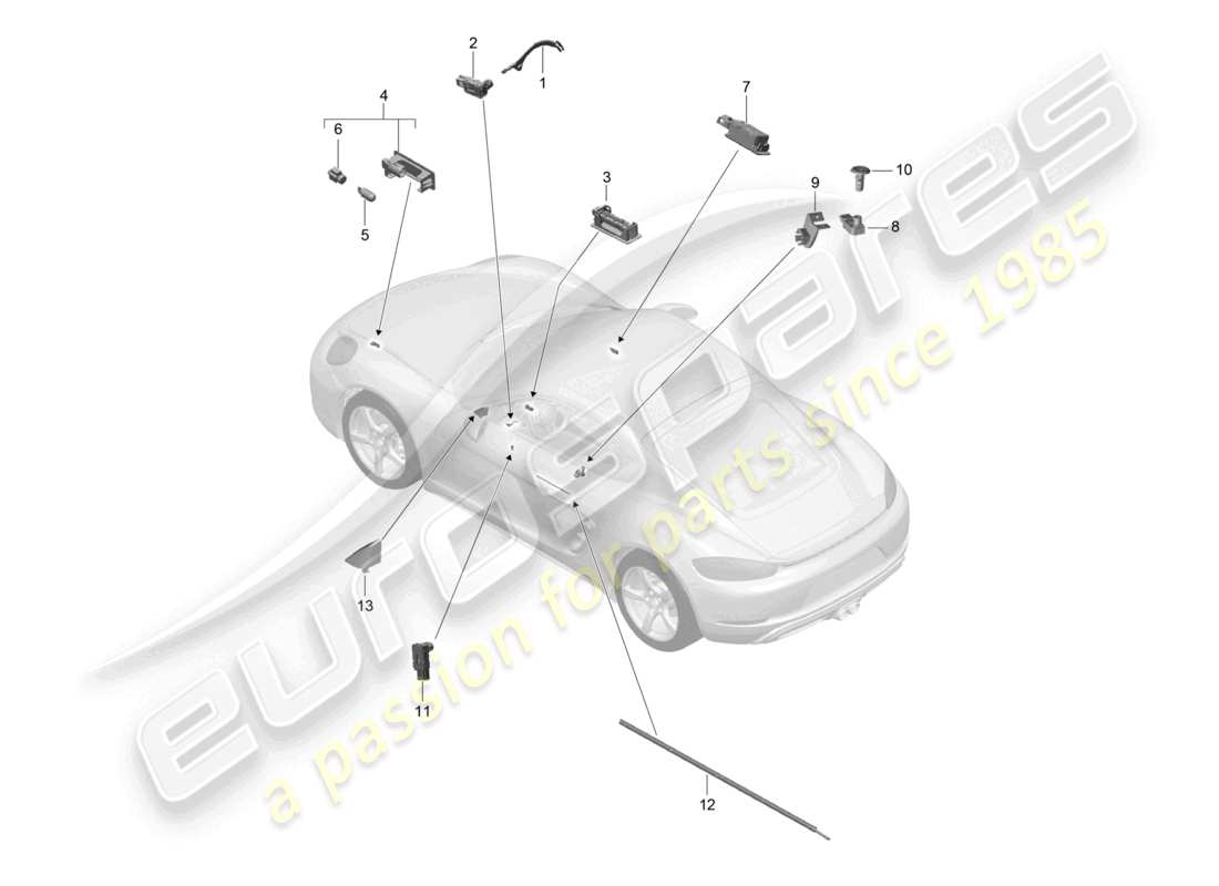porsche 2025 (718 cayman) éclairage intérieur témoin d'avertissement de porte éclairage du plancher lampe de coffre à bagages éclairage de la boîte à gants lumière rétroviseur extérieur schéma des pièces