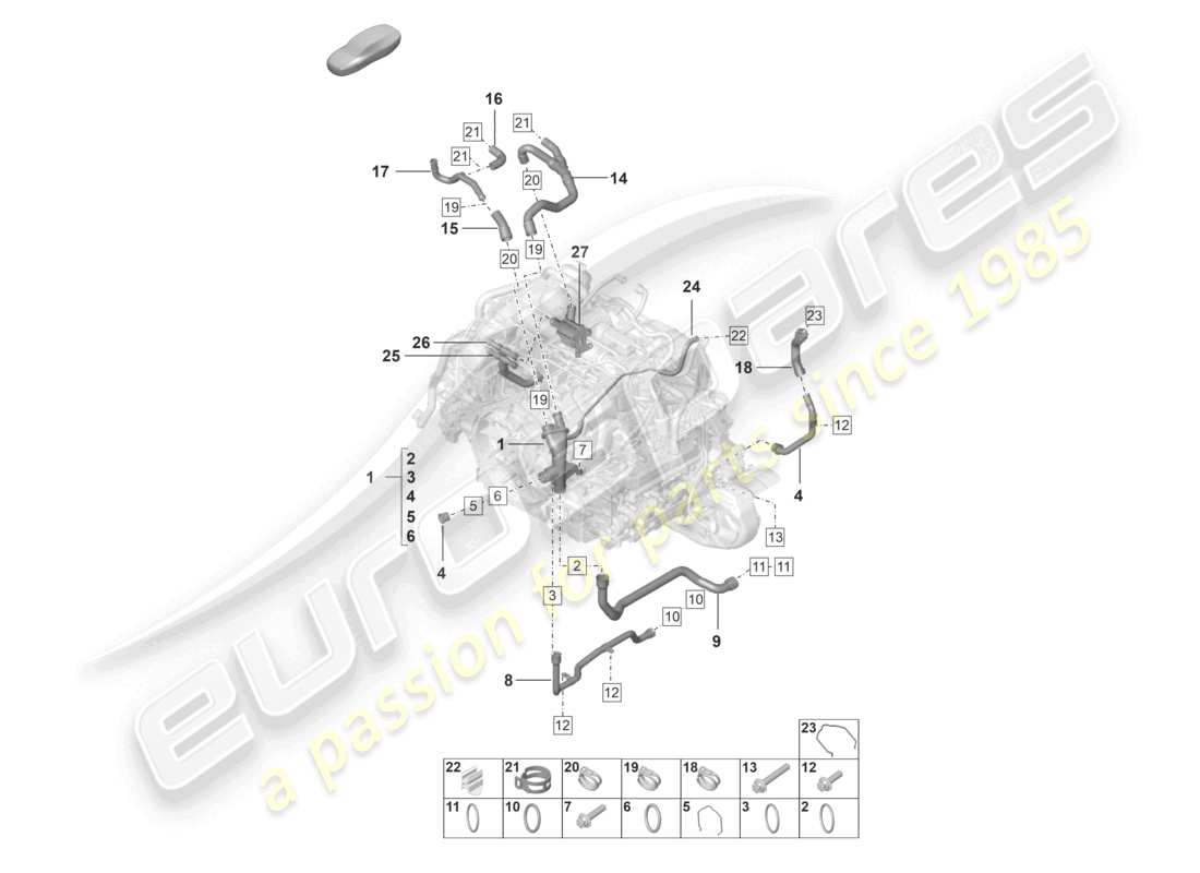 porsche 2021 (992-1) système de refroidissement du liquide de refroidissement distributeur de liquide de refroidissement schéma des pièces du moteur