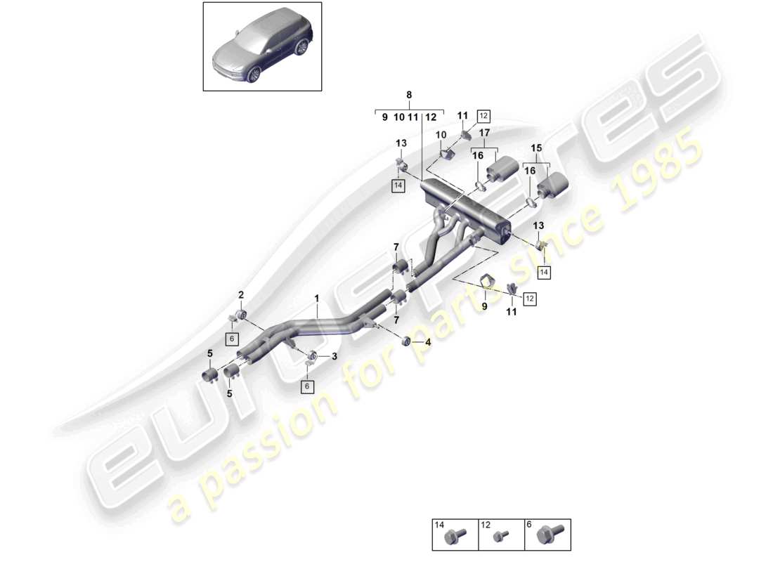 porsche 2021 (cayenne e3 9ya/9yb) système d'échappement version sport titane silencieux avant silencieux arrière tuyau d'échappement diagramme des pièces