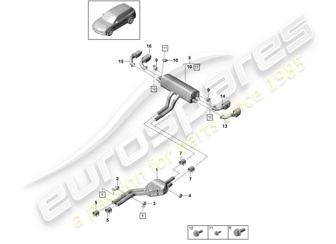 porsche 2021 (cayenne e3 9ya/9yb) système d'échappement silencieux avant silencieux arrière tuyau d'échappement schéma des pièces