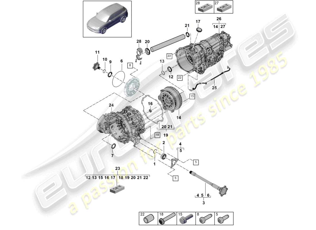porsche 2021 (cayenne e3 9ya/9yb) 8-speed boîte de vitesses automatique pour véhicules à transmission hybride arbre à bride diagramme des pièces du convertisseur
