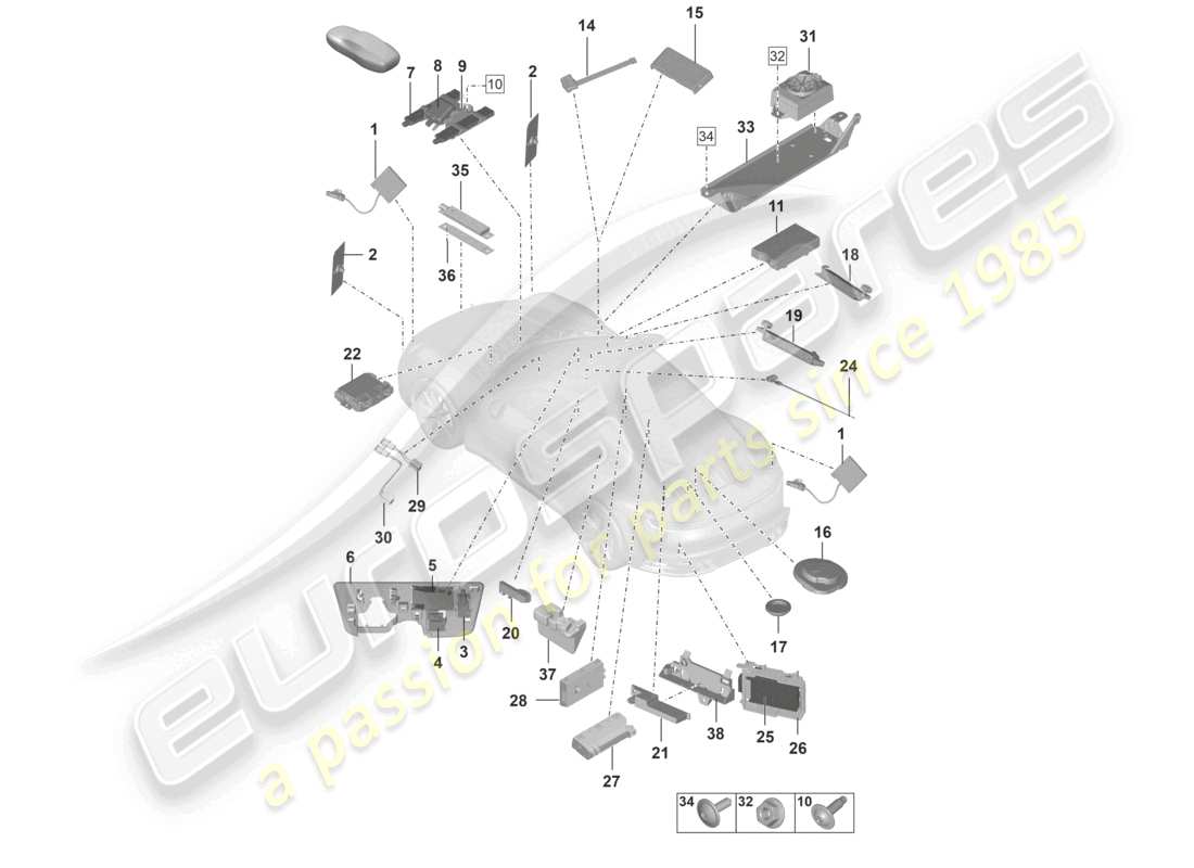 porsche 2021 (992-1) antenne amplificateur d'antenne haut-parleur d'appel d'urgence lecteur de carte à puce pour système de péage routier connexion pour usb et aux-in schéma des pièces