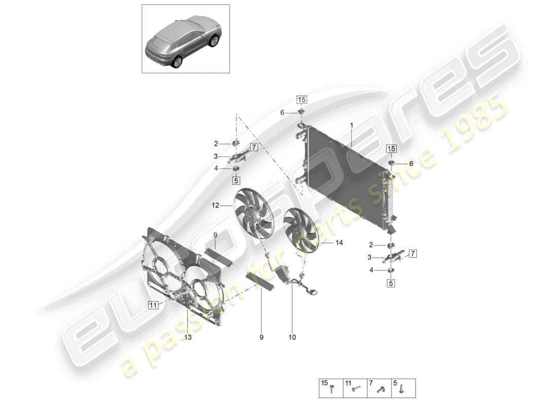 porsche 2021 (macan) système de refroidissement du liquide de refroidissement refroidisseur pour schéma des pièces du liquide de refroidissement