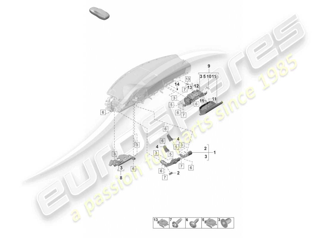 porsche 2022 (panamera 971-2) schéma des pièces de fixation du tableau de bord inférieur