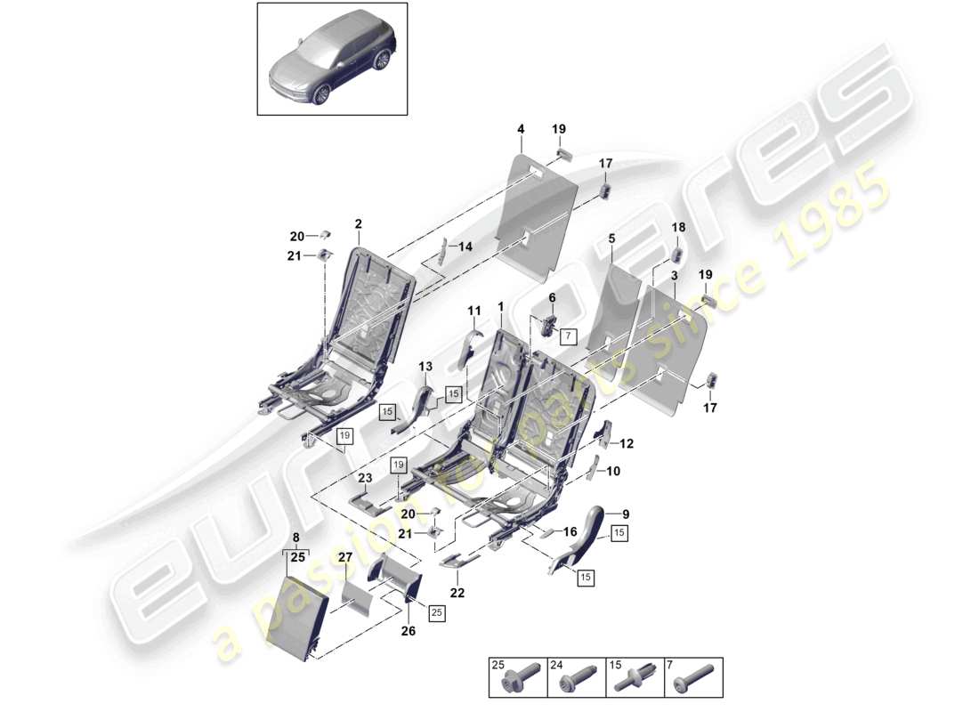 porsche 2024 (cayenne e3 9ya/9yb) schéma des pièces des accessoires de garniture de dossier de siège arrière de siège standard