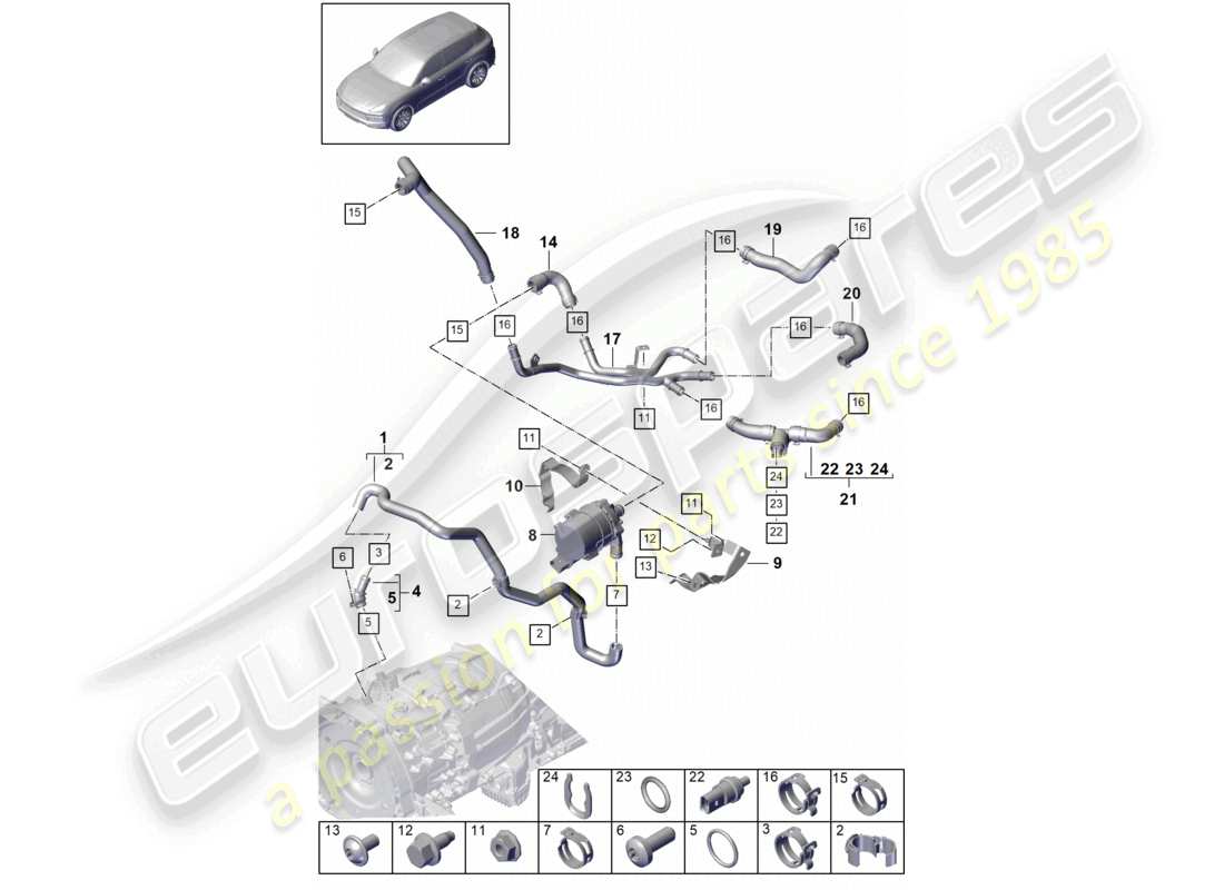 porsche 2024 (cayenne e3 9ya/9yb) système de refroidissement par liquide de refroidissement tuyaux de liquide de refroidissement schéma des pièces