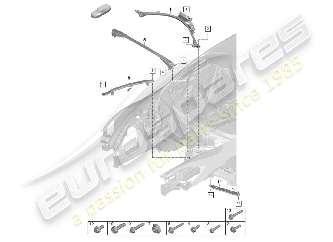 porsche 2025 (panamera 976) diagramme des pièces de la partie avant de la jambe de force du dôme