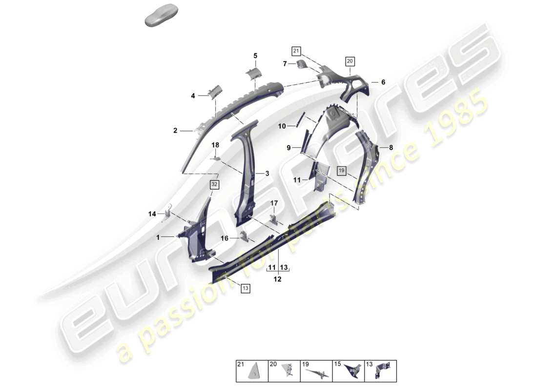porsche 2025 (panamera 976) diagramme de la partie latérale intérieure et extérieure