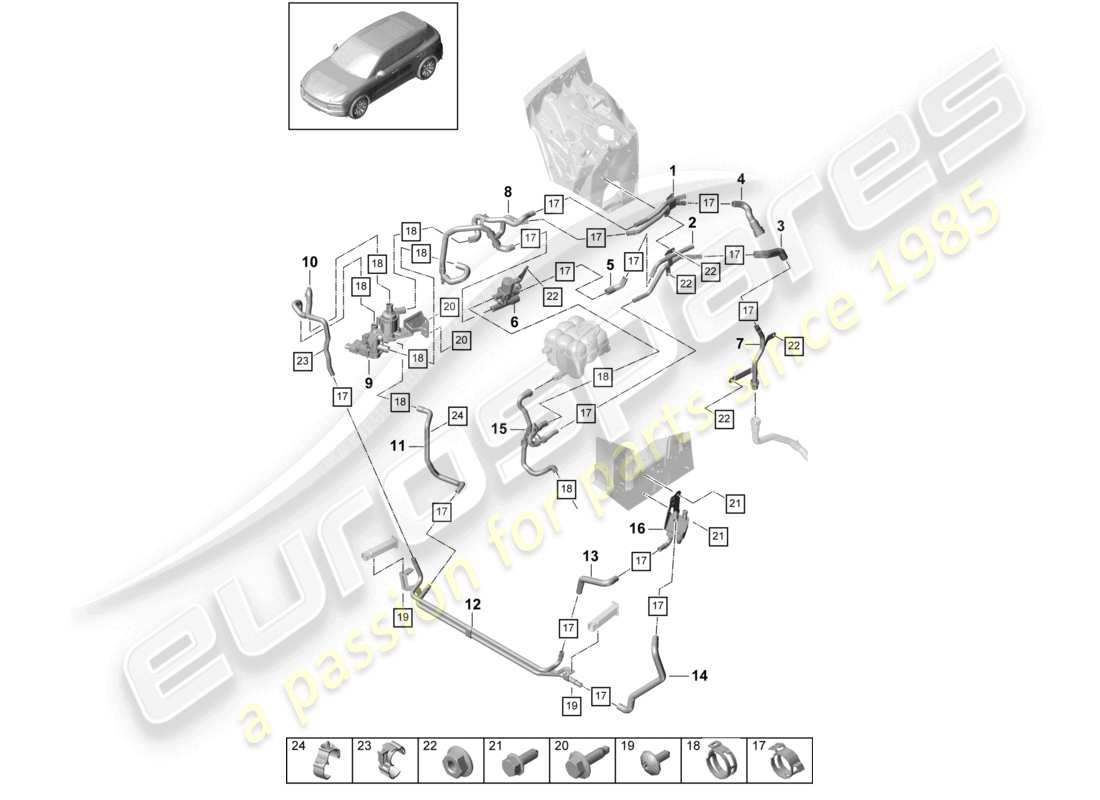 porsche 2024 (cayenne e3 9ya/9yb) chauffage v6 circuit haute température avant pour véhicules à propulsion hybride schéma des pièces
