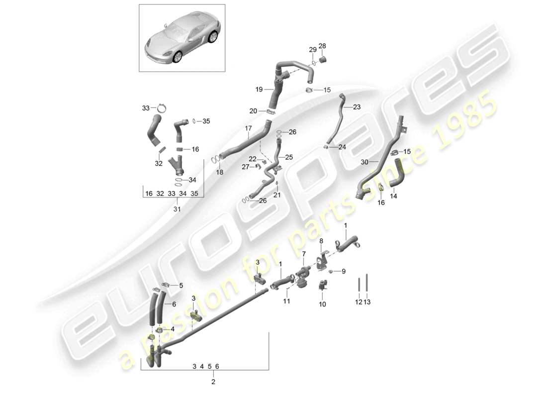 porsche 2021 (718 cayman) schéma des pièces du système de refroidissement du liquide de refroidissement