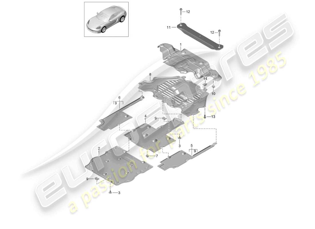 porsche 2021 (718 cayman) schéma des pièces de soubassement de carrosserie