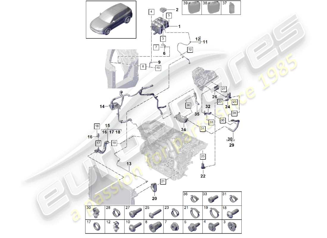 porsche 2024 (cayenne e3 9ya/9yb) système de refroidissement du liquide de refroidissement vase d'expansion du liquide de refroidissement tuyau de liquide de refroidissement schéma des pièces
