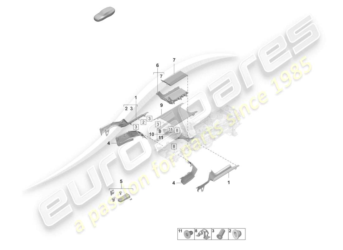 porsche 2023 (taycan 9j1-1) garnitures plateau avant console centrale schéma des pièces