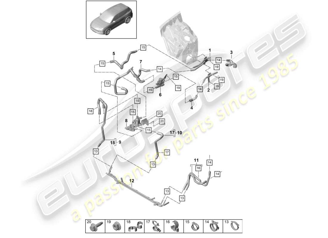 porsche 2024 (cayenne e3 9ya/9yb) chauffage v8 circuit haute température avant pour véhicules à propulsion hybride schéma des pièces
