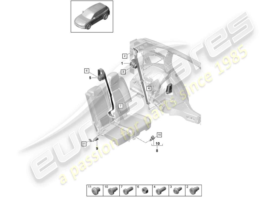 porsche 2024 (cayenne e3 9ya/9yb) schéma des pièces du loquet de ceinture arrière de la ceinture de sécurité à trois points