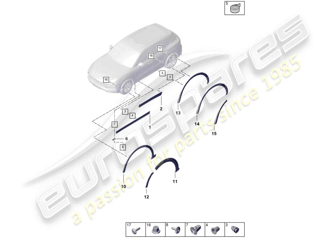 porsche 2024 (cayenne e3 9ya/9yb) schéma des pièces du couvercle de passage de roue inférieur du coupé extérieur