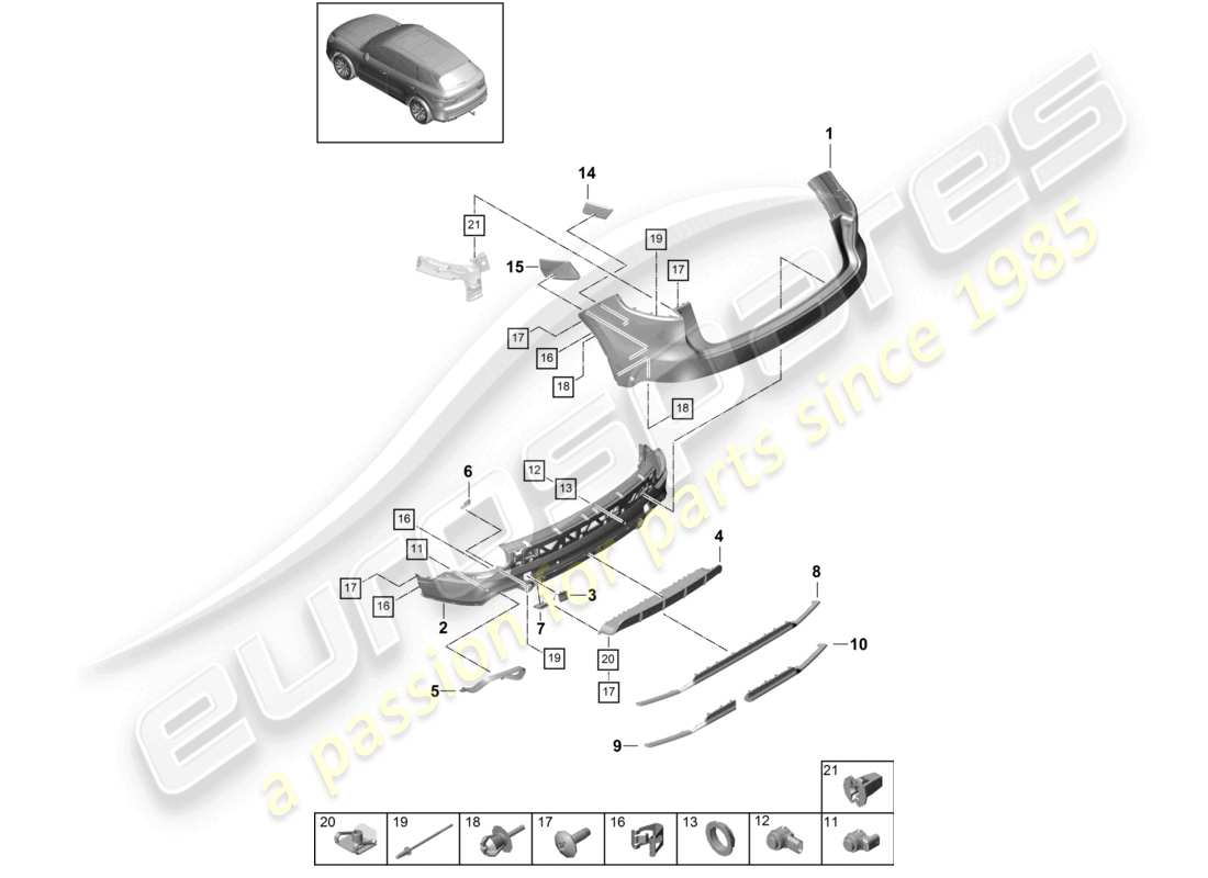 porsche 2024 (cayenne e3 9ya/9yb) schéma des pièces de base du pack sport design pour pare-chocs arrière