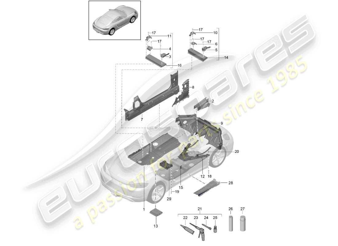 porsche 2021 (718 cayman) schéma des pièces centrales des plaques de plancher