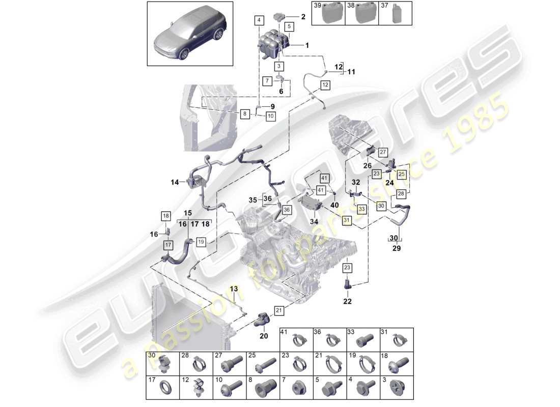 porsche 2024 (cayenne e3 9ya/9yb) système de refroidissement du liquide de refroidissement vase d'expansion du liquide de refroidissement tuyau de liquide de refroidissement schéma des pièces