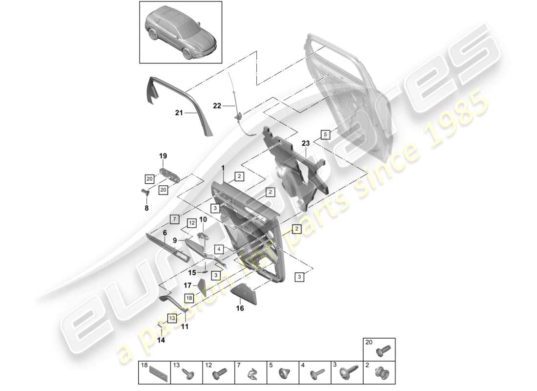porsche 2021 (cayenne e3 9ya/9yb) schéma des pièces de garniture de porte arrière (cuir/alcantara)