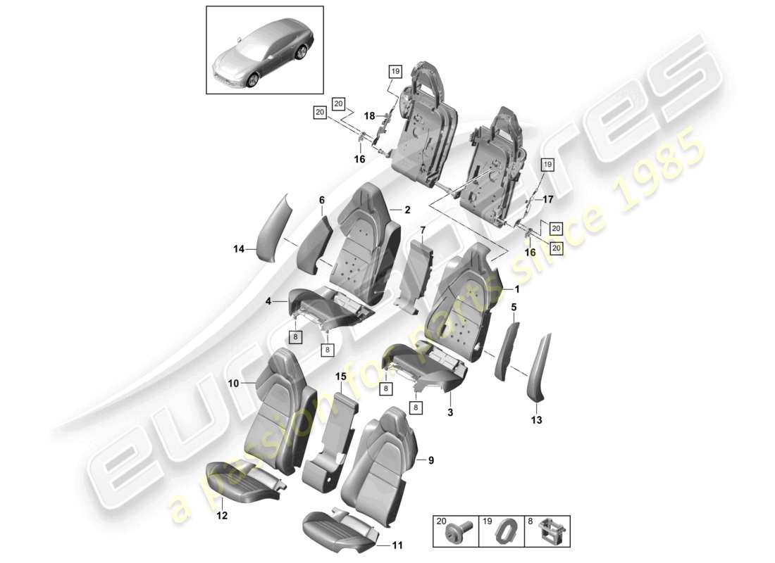 porsche 2021 (panamera 971-1) siège arrière pour véhicules à empattement allongé version confort housses de siège en mousse diagramme des pièces