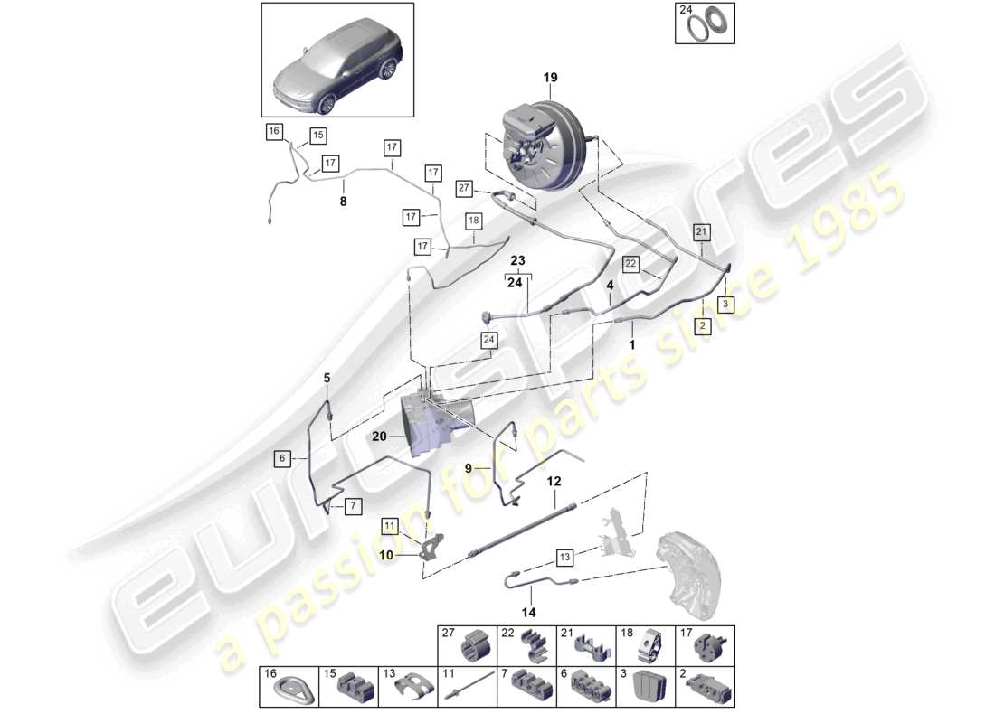 porsche 2021 (cayenne e3 9ya/9yb) schéma des pièces de la partie avant de la conduite de frein phev