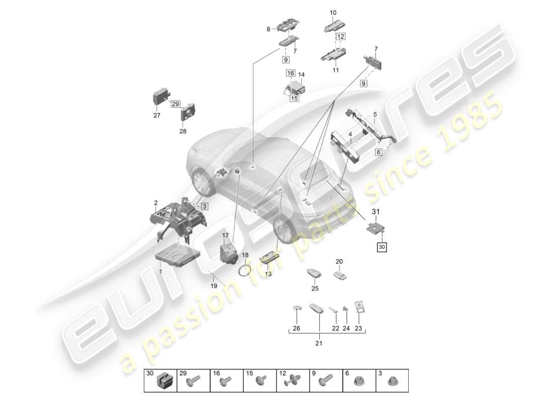 porsche 2024 (macan) unités de contrôle unité de contrôle (bcm) pour système de conv. et alimentation ob pour véhicules avec kessy (autorisation d'accès et de démarrage) antenne pour autorisation d'accès et de démarrage (kessy) unité de contrôle pour chauffage d'appoint émetteur portatif schéma des pièces