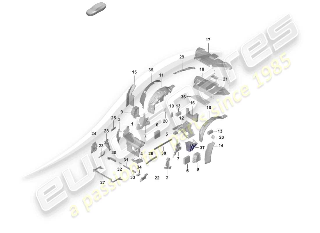 porsche 2022 (992-1 turbo / s) diagramme des pièces du corps d'amortissement de l'amortisseur de bruit