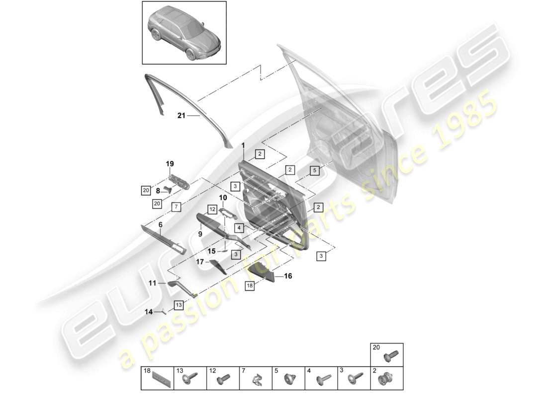 porsche 2021 (cayenne e3 9ya/9yb) schéma des pièces du panneau de porte avant en cuir club