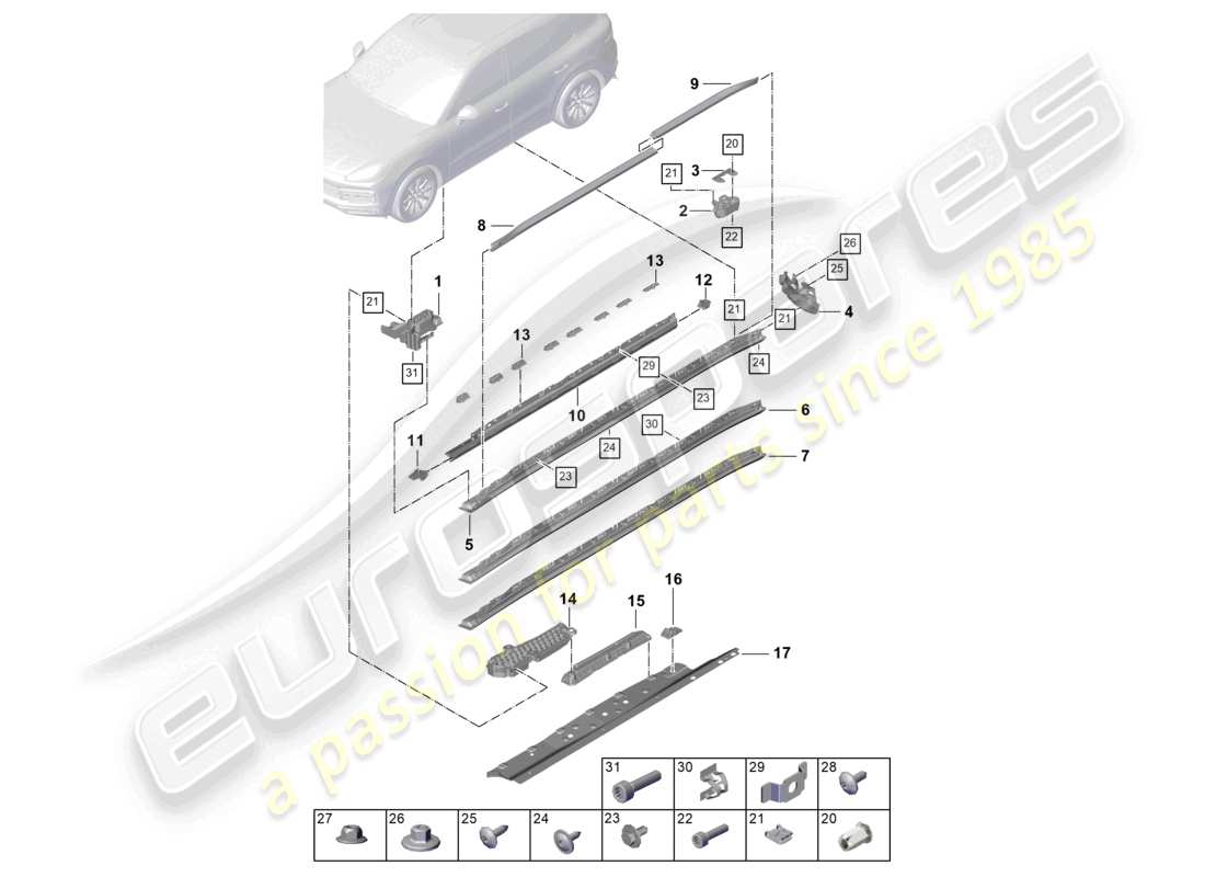 porsche 2021 (cayenne e3 9ya/9yb) schéma des pièces des accessoires de garniture de longeron