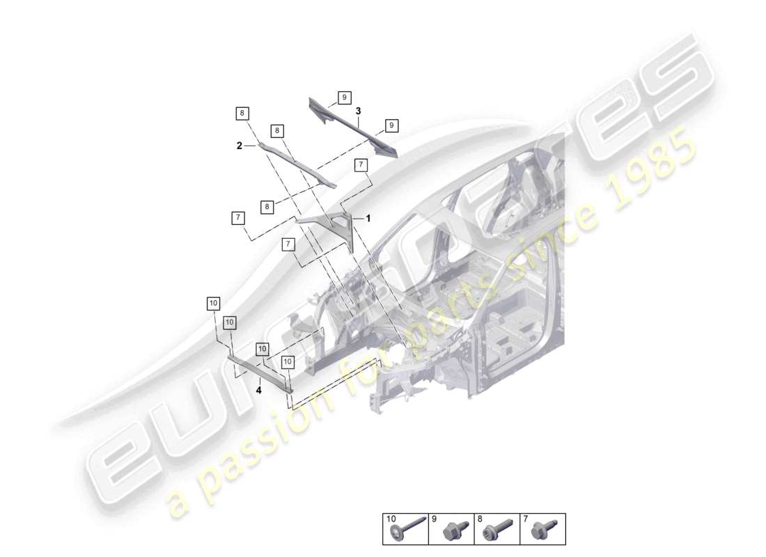 porsche 2025 (cayenne e3 pa) schéma des pièces de la jambe de force avant du dôme