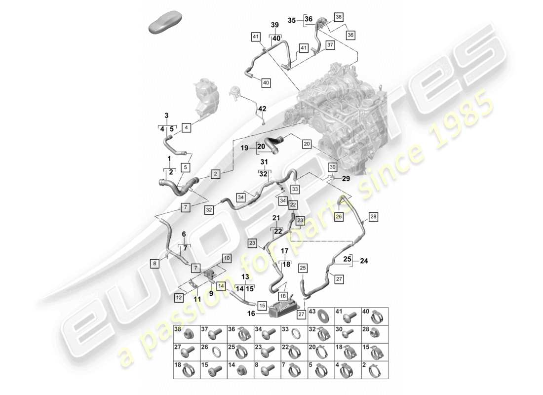 porsche 2022 (panamera 971-2) système de refroidissement du liquide de refroidissement pour véhicules à propulsion hybride schéma des pièces