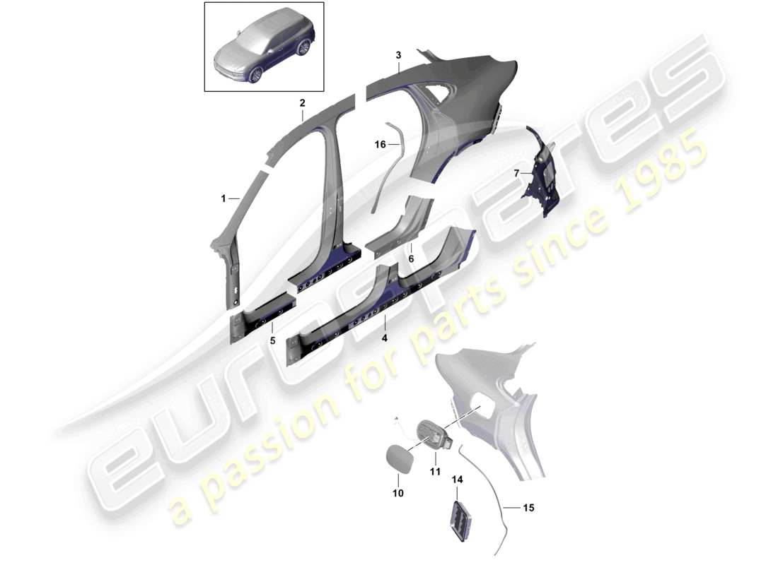porsche 2021 (cayenne e3 9ya/9yb) schéma des pièces de la partie latérale extérieure du coupé