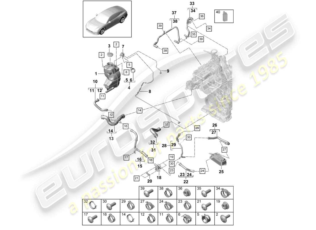 porsche 2021 (panamera 971-1) système de refroidissement du liquide de refroidissement vase d'expansion du liquide de refroidissement conduite de reniflard schéma des pièces