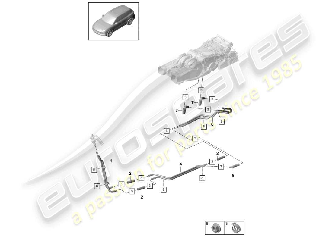 porsche 2024 (cayenne e3 9ya/9yb) schéma des pièces du soubassement du tuyau de liquide de refroidissement
