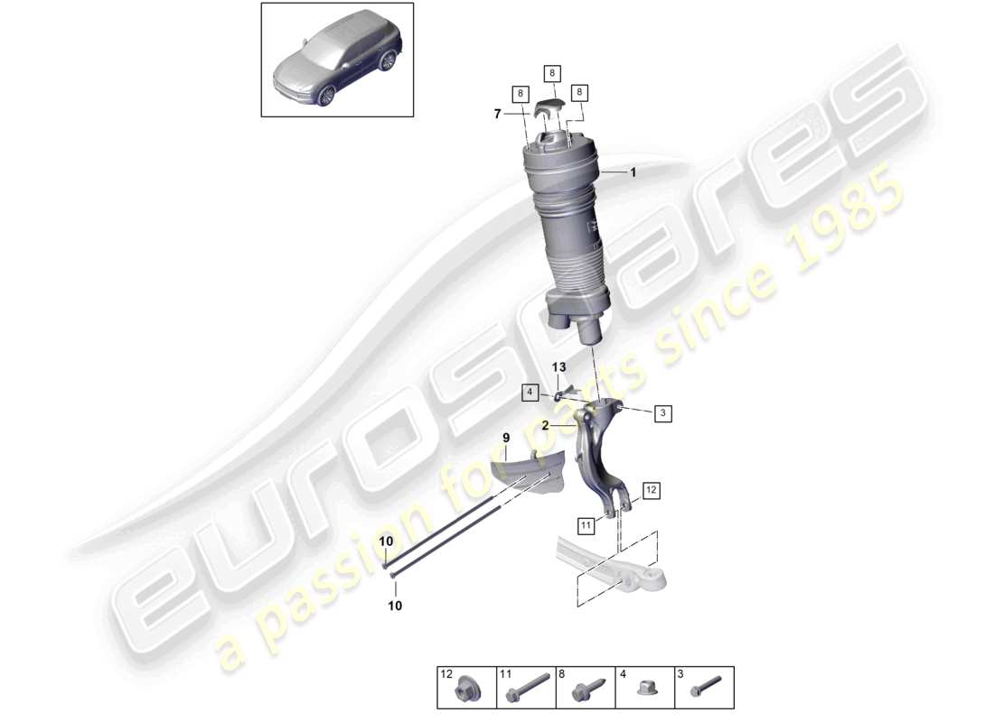 porsche 2021 (cayenne e3 9ya/9yb) schéma complet des pièces de la jambe de suspension à ressort pneumatique