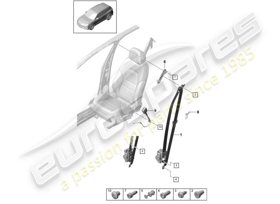 porsche 2021 (cayenne e3 9ya/9yb) schéma des pièces du loquet de ceinture avant de la ceinture de sécurité à trois points
