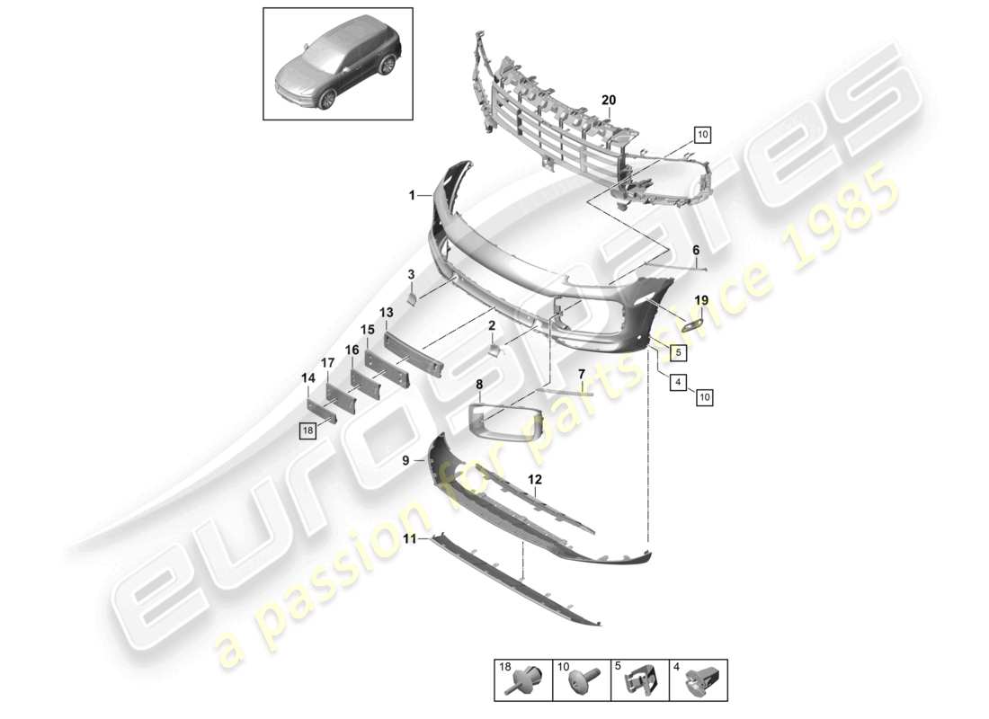 porsche 2021 (cayenne e3 9ya/9yb) schéma des pièces du pare-chocs avant du turbo