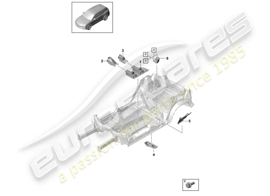 porsche 2021 (cayenne e3 9ya/9yb) schéma des pièces du support de siège central des plaques de plancher