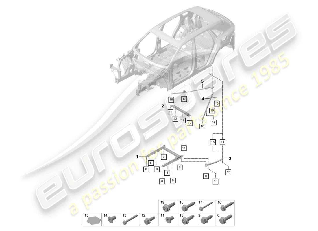 porsche 2021 (cayenne e3 9ya/9yb) schéma des pièces de la jambe de force arrière du dôme