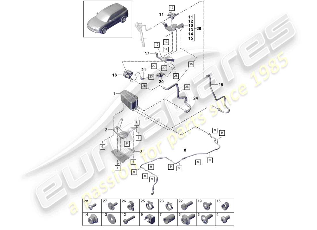 porsche 2021 (cayenne e3 9ya/9yb) récipient de charbon actif schéma des pièces